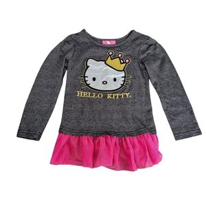 Hello Kitty Princess Black/Silver Stripe Long Sleeve Top Pink Ruffle Hem Size 5